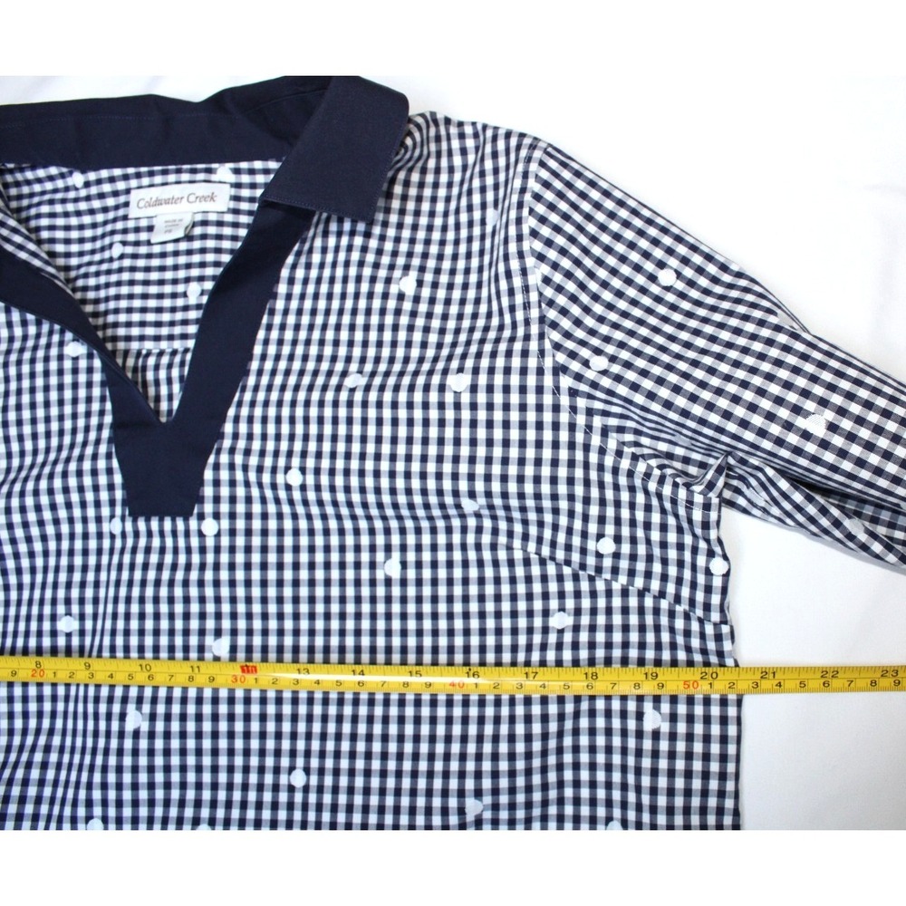 Coldwater Creek Gingham Check Plaid Polka Dot Navy Blue White Tunic Shirt Top PS - Picture 9 of 12